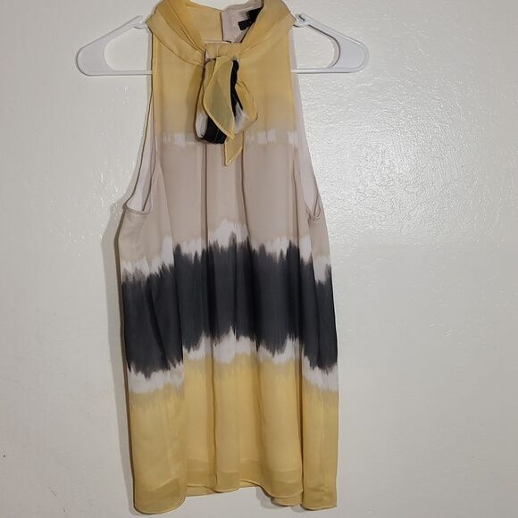 Style & Co Yellow Brown High Neck Blouse Bow Tie Front sz 12 GUC - Picture 1 of 7